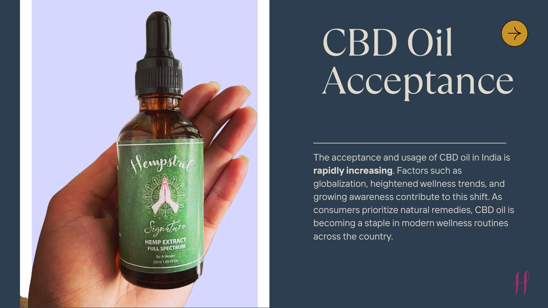 Hempstrol Signature full spectrum CBD oil bottle held in hand, showcasing hemp extract wellness product